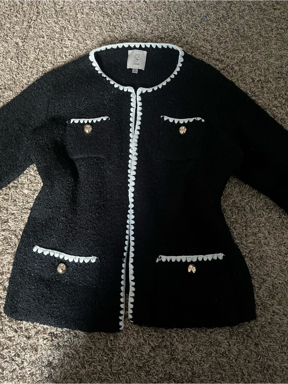 Sioni Black Bouclé Jacket with White Scalloped Trim